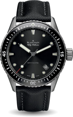 A Blancpain Fifty Fathoms Bathyscaphe luxury watch, reference 5000-1230-B52A, featuring a black dial, black bezel, and sleek black fabric strap.
