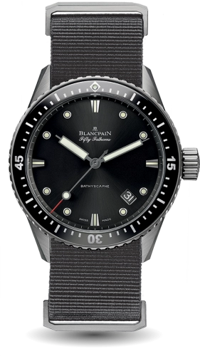 A luxury watch, the Blancpain Fifty Fathoms 5000-1230-NABA features a black dial, gray strap, and luminous markers.