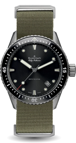 A Blancpain Fifty Fathoms Bathyscaphe Titanium dive watch with a black dial, rotating bezel, and an olive green fabric strap. Model: 5000-1230-NAKA.