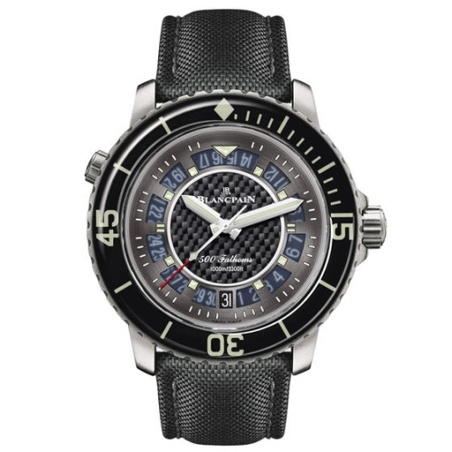 A Blancpain Fifty Fathoms luxury watch, model 50015A-12B30-52B, featuring a black strap, black bezel, and large white numerals on the face.