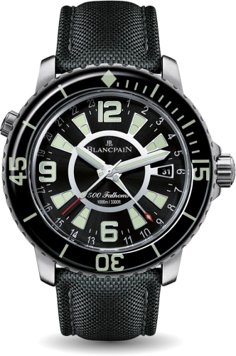A Blancpain Fifty Fathoms 50021-12B30-52B black dive watch with a fabric strap and luminous markers on the dial, this luxury watch blends style and function seamlessly.