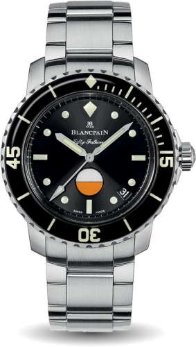 A luxury watch, the Blancpain Fifty Fathoms 5008-1130-71S features a stainless steel case, black dial, and a striking orange-yellow indicator on the lower half.