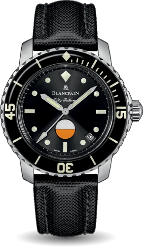 A Blancpain Fifty Fathoms MIL-SPEC 5008-1130-B52A luxury dive watch with a black dial, black strap, and bold white markers, including a unique orange marker.