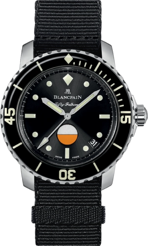 A Blancpain Fifty Fathoms wristwatch with a black strap, black dial, and bold white markers, showing the date at 3 o’clock—a true luxury dive watch.
