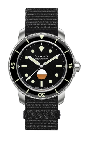 A black Blancpain Fifty Fathoms dive watch, reference 5008-11B30-NABA, with a black strap and round markers on a sleek black dial—a perfect piece for any Hodinkee enthusiast.