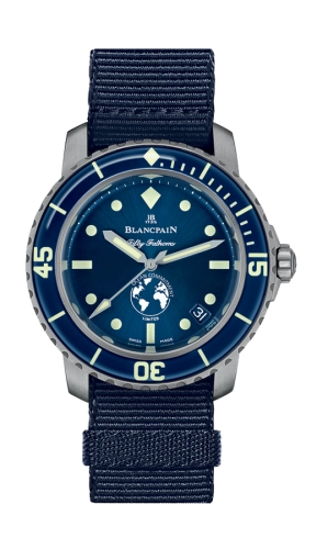 A blue Blancpain Fifty Fathoms luxury watch, model 5008-11B40-52A, with a globe design on the face, white markers, and a blue fabric strap.