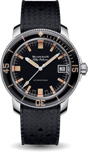 The Blancpain Fifty Fathoms 5008B-1130-B52A is a luxury dive watch featuring a striking black dial, black strap, and sleek silver bezel.