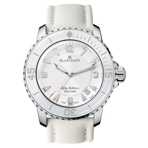 White Blancpain Fifty Fathoms 5015-1127-52A luxury watch with silver details and a white strap, displaying the time 10:10.