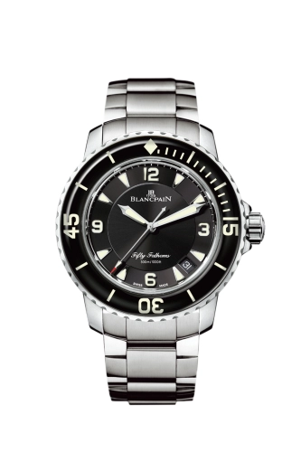 Silver Blancpain Fifty Fathoms 5015-1130-71S luxury dive watch with a black dial, luminous markers, and a metal link band, displaying the time 10:10.