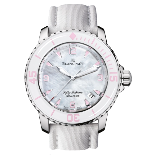 Silver Blancpain Fifty Fathoms luxury dive watch with a white strap, pink markers, and a date display on a mother-of-pearl dial. Model 5015-1144-52.