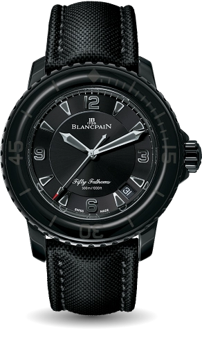 A luxury watch, the Blancpain Fifty Fathoms 5015-11C30-52A features a black strap and dial with striking white accents for a timeless look.