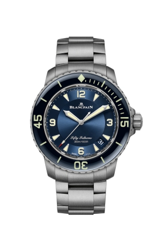 A silver Blancpain Fifty Fathoms 5015-12B40-98 dive watch with a striking blue dial and a sleek metal bracelet.