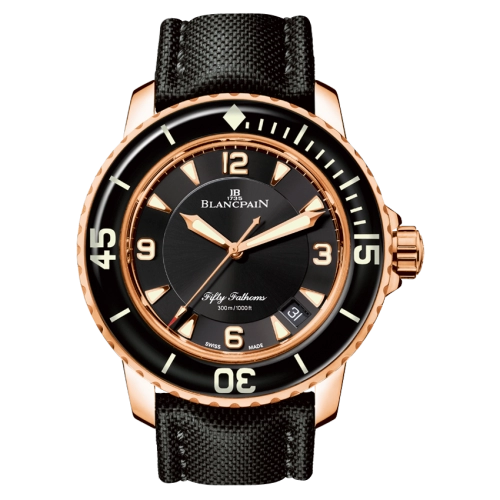 A luxury Blancpain Fifty Fathoms 5015-3630-52 watch featuring a black dial, gold accents, and a sleek black fabric strap.