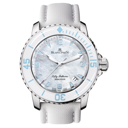A Blancpain Fifty Fathoms 5015A-1144-52A luxury watch with a white strap, silver casing, and a white and blue dial.