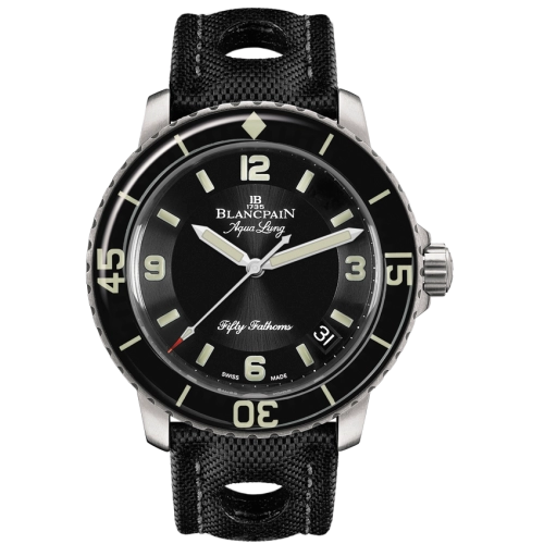 A Blancpain Fifty Fathoms 5015C-1130-52B luxury watch with a black dial, bold numerals, and a sleek black fabric strap.