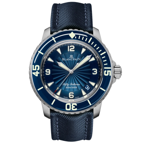 A blue Blancpain Fifty Fathoms 5015D-1140-52B diver’s watch with a fabric strap and bold white numerals on the bezel.