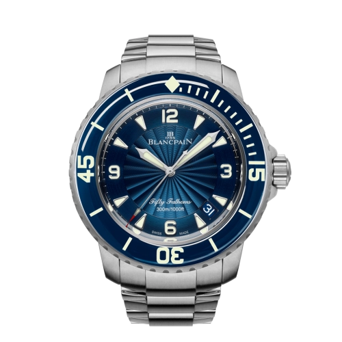 A luxury Blancpain Fifty Fathoms 5015D-1140-71B blue dial dive watch with a stainless steel band and bold white markers.