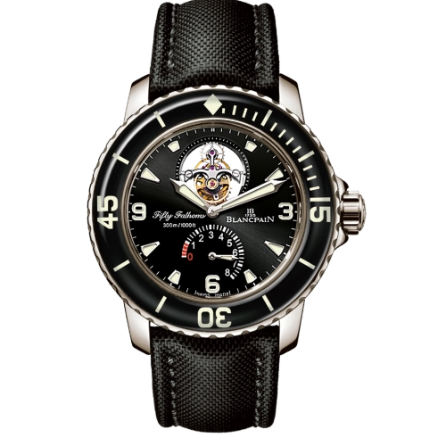 Experience luxury with the Blancpain Fifty Fathoms 5025-1530-52A, featuring a striking black strap and a visible tourbillon for exceptional precision.