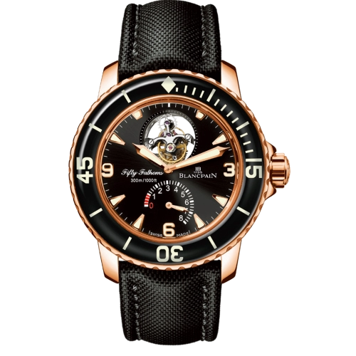 A luxury Blancpain Fifty Fathoms 5025-3630-52A watch featuring a black dial, gold case, and sleek black strap.