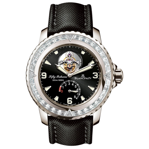 A luxury Blancpain Fifty Fathoms wristwatch, model 5025-5230-52A, with a black strap, black dial, and silver accents.