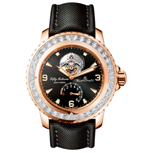 A luxury Blancpain Fifty Fathoms wristwatch, model 5025-6230-52A, with a black strap, rose gold case, and visible tourbillon on the black dial.