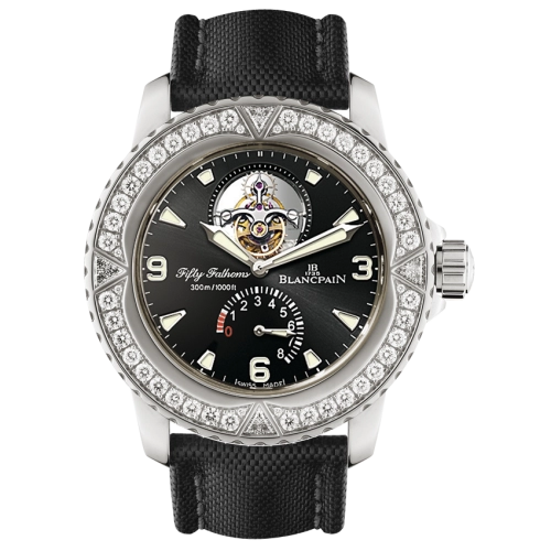 Luxury Blancpain Fifty Fathoms 5025-9430-52A watch featuring a diamond bezel, black strap, and visible tourbillon mechanism—a true luxury watch masterpiece.
