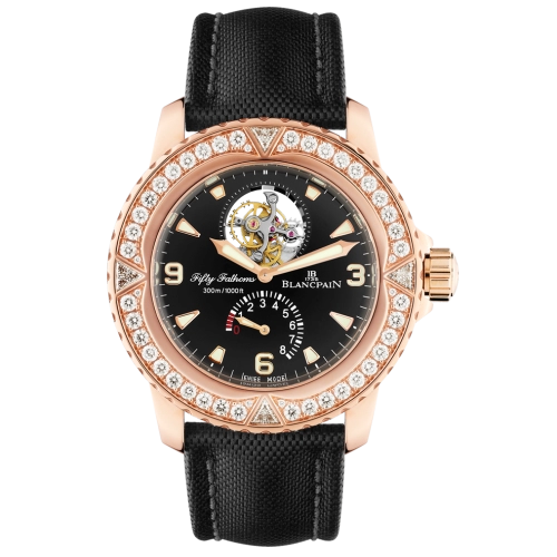 Luxury Blancpain Fifty Fathoms watch, model 5025-9530-52A, with black strap, diamond bezel, and exposed gear on black dial—a striking luxury dive watch.