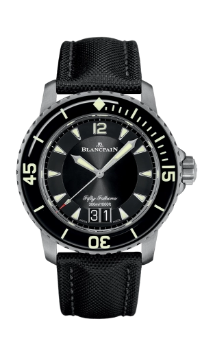 The luxury watch Blancpain Fifty Fathoms 5050-12B30-B52A features a black strap, luminous markers, and a large date display for an elegant and functional style.