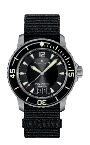 A Blancpain Fifty Fathoms luxury watch featuring a black dial, black bezel, and a black fabric strap, model 5050-12B30-NABA.