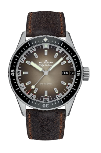 A Blancpain Fifty Fathoms luxury watch, model 5052-1110-063A, featuring a brown leather strap and black bezel displaying the day and date.