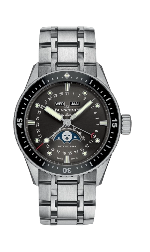 A luxury Blancpain Fifty Fathoms wristwatch with a steel band and moon phase display on the black dial, model 5000-36S30-NABA.