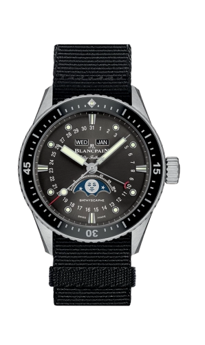 A luxury watch, this Blancpain Fifty Fathoms 5054-1110-NABA features a black strap, moonphase display, and day-date indicators on the dial.