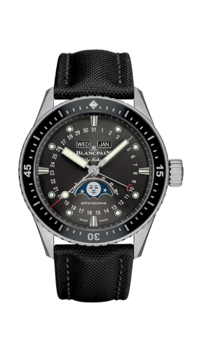 A luxury Blancpain Fifty Fathoms wristwatch, model 5054-1110-B52A, featuring a black strap plus moon phase and day-date indicators on the dial.