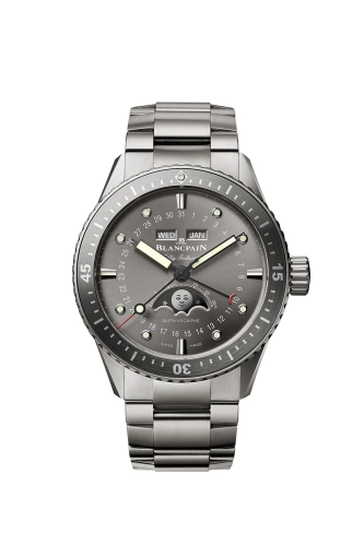 Silver Blancpain luxury watch with a gray dial, date indicators, and moonphase display on a metal bracelet.