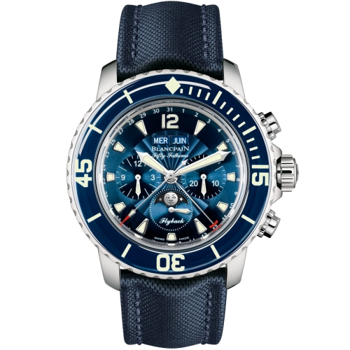 A luxury Blancpain Fifty Fathoms wristwatch, the 5066F-1140-52B, showcases a striking blue design with a fabric strap and prominent white numerals on the bezel.