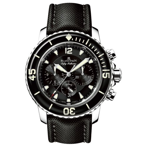 A black Blancpain Fifty Fathoms wristwatch with a round face, Chronographe Flyback dials, and a sleek black strap—reference 5085F-1130-52.
