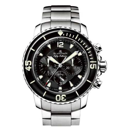 Silver Blancpain Fifty Fathoms 5085F-1130-71 wristwatch with a black dial, multiple subdials, and a rotating bezel—an iconic luxury watch for discerning collectors.