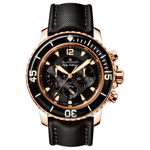 Luxury Blancpain Fifty Fathoms wristwatch, model 5085F-3630-52, featuring a black dial, gold case, chronograph functions, and a textured black strap.
