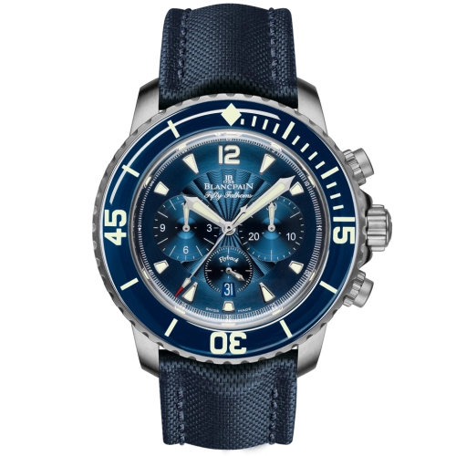 Blue Blancpain Fifty Fathoms 5085F.B-1140-52B luxury dive watch featuring a fabric strap and large white markers.