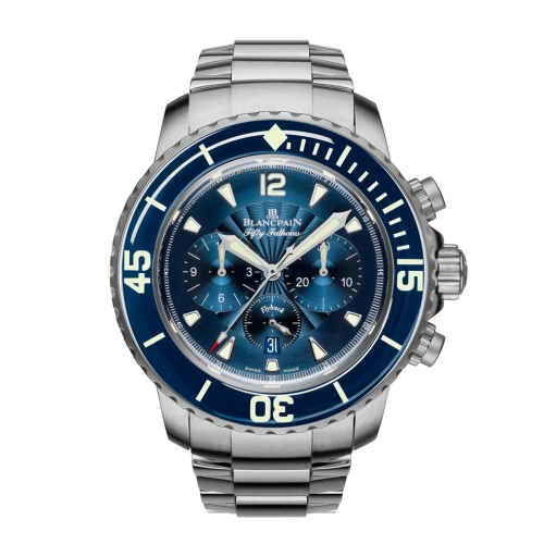 Silver Blancpain Fifty Fathoms dive watch, reference 5085F-B-1140-71B, with blue dial, Chronographe Flyback subdials, and bold white numerals on the bezel.