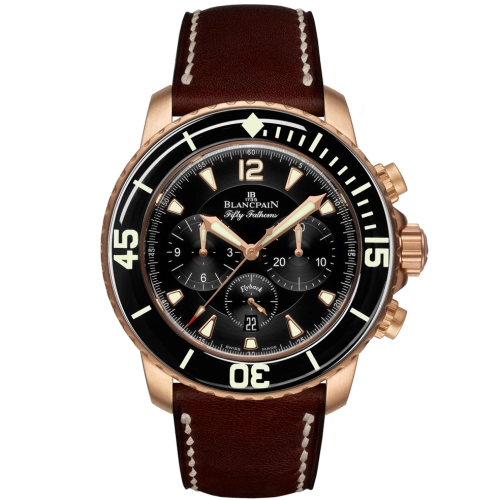 The 5085FA-3630-63B Blancpain Fifty Fathoms is a luxury watch with a brown leather strap and a black dial featuring elegant gold accents.