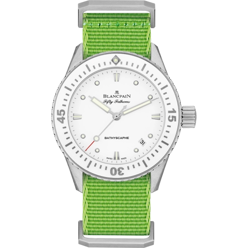 A Blancpain Fifty Fathoms dive watch with a white dial and green fabric strap, featuring large numerals and markers—luxury watch model 5100-1127-NAH.