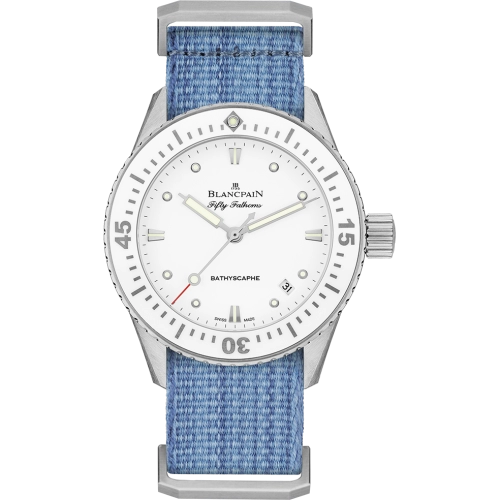 A Blancpain Fifty Fathoms luxury watch with a white dial and blue fabric strap, featuring silver hour markers and hands. Model: 5100-1127-NAJ.