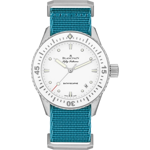 A Blancpain Fifty Fathoms luxury watch with a white face, silver bezel, and blue nylon strap. Model: 5100-1127-NAT.