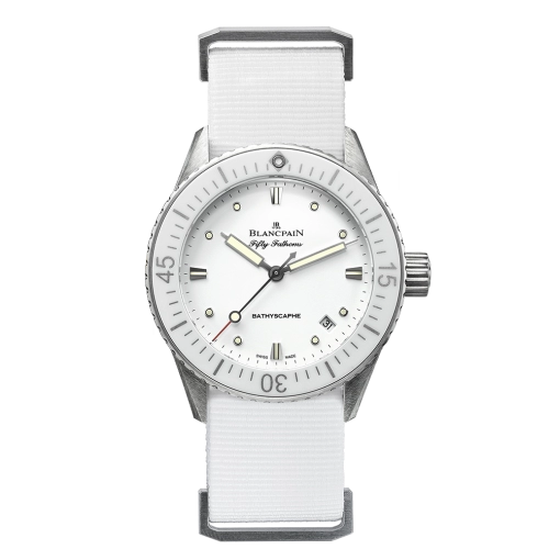 A Blancpain Fifty Fathoms luxury dive watch, model 5100-1127-NAWA, featuring a white face, white bezel, and white strap, displays the time 10:09.