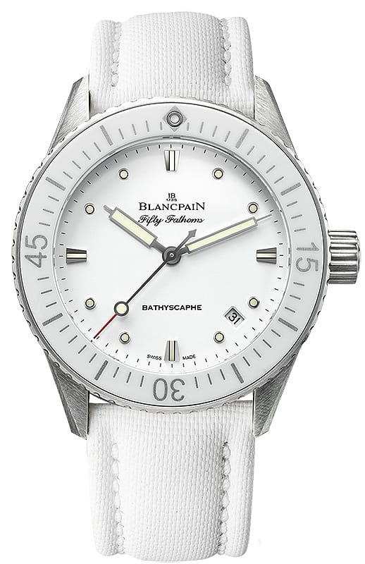 The Blancpain Fifty Fathoms Bathyscaphe 5100-1127-W52A features a striking white dial and matching white strap, exuding elegance and sporty sophistication.
