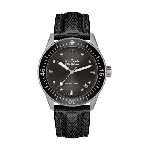A luxury watch, the Blancpain Fifty Fathoms Bathyscaphe 5100B-1110-B52A features a sleek black dial, black strap, and a polished silver case.
