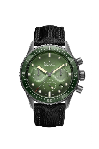 A luxury watch, the Blancpain Fifty Fathoms 5200-0153-B52A features a striking green dial, black strap, and three subdials.