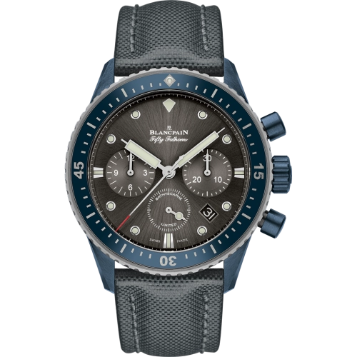 A luxury Blancpain Fifty Fathoms dive watch with a black dial, three subdials, and a black textured strap. Model 5200-0310-G52A.