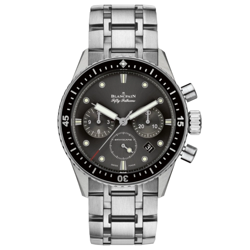 A stainless steel Blancpain Fifty Fathoms Bathyscaphe wristwatch with a black dial, three subdials, and a metal link band.